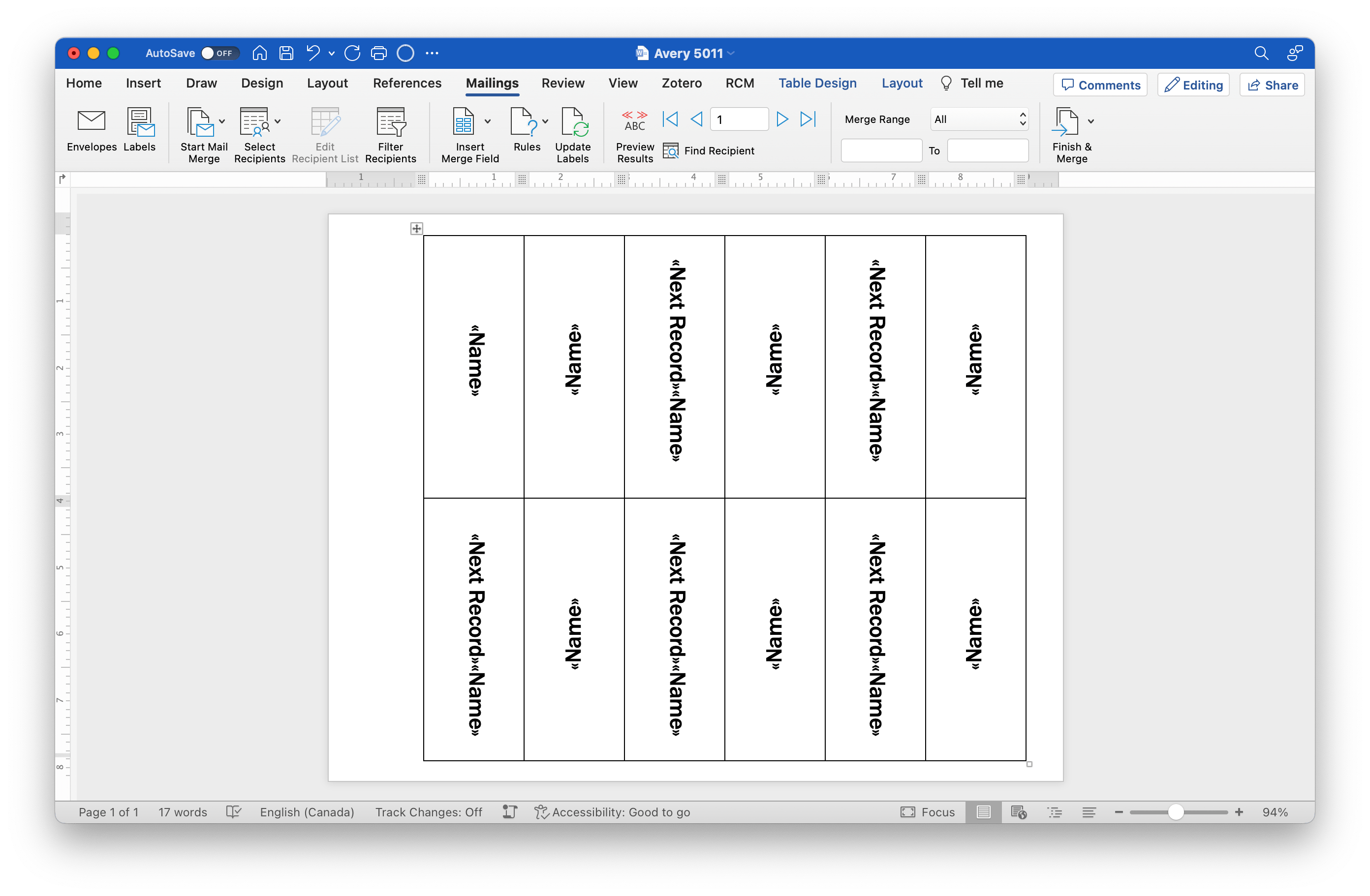 Microsoft Word application window showing the merge tag layout for Avery 5302